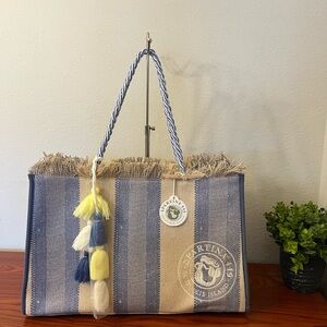 MARINA Blue and Tan Striped Tote Bag with Tassel Accents